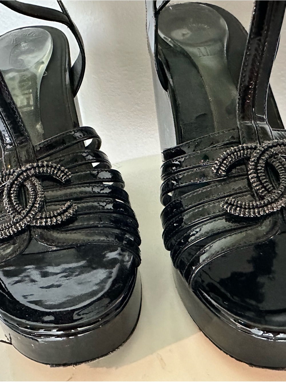 CHANEL Black Patent Platform Sandals with Interlocked CC Accent